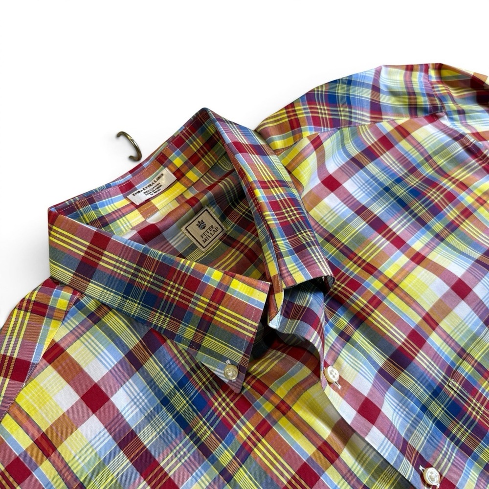 Peter Millar Button Down Long Sleeve Shirt Size Large Plaid Red Yellow Blue XXL